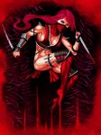  1girl abs blood blood_elemental breasts cleavage highlights kachakacha long_hair monster_girl mortal_kombat multicolored_hair muscle muscular_female ninja ponytail red_eyes red_hair revealing_clothes skarlet sword weapon 