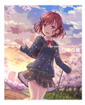  :d bow bowtie brown_eyes brown_hair cherry_blossoms cloud cloudy_sky dutch_angle kasukabe_haru lamppost open_mouth outdoors petals plaid plaid_skirt pleated_skirt red_bow school_uniform short_hair skirt sky smile solo tokyo_7th_sisters twilight uehara_yukihiko 