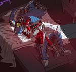  alien bed bedroom breakdown_(transformer) cybertronian decepticon digital_media_(artwork) drooling duo eye_patch eyes_closed eyewear herzspalter hug humanoid knock_out_(transformer) living_machine lying machine male not_furry on_bed open_mouth pillow red_eyes robot saliva schandbringer simple_background size_difference sleeping transformers transformers_prime vehicle wheels yellow_eyes 