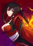  breasts chinese_clothes citron_82 fate/empire_of_dirt fate_(series) fire large_breasts liu_xiu_(fate/empire_of_dirt) long_hair looking_at_viewer original ponytail red_eyes red_hair smile solo 