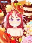  1girl atg_(wttoo0202) butter cake child chocolate collarbone facebook food fruit grin ice_cream long_hair looking_at_viewer marshmallow original pancake red_hair shiny shiny_hair solo syrup teeth upper_body 