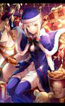  :t artoria_pendragon_(all) bangs blonde_hair blue_dress blue_legwear blue_santa_costume braid branch bucket_of_chicken colonel_sanders dark_excalibur dress eating fate/grand_order fate_(series) food fried_chicken fur_trim gift green_ribbon hat holding holding_food kfc leaf legs_together letterboxed looking_at_viewer no_legwear red_ribbon ribbon sack santa_alter santa_costume santa_hat sitting skirt solo striped striped_ribbon sword thighhighs weapon white_skirt yellow_eyes yunohito 