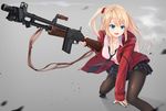  :d arm_support black_footwear black_legwear black_nails black_neckwear black_skirt blonde_hair blue_eyes breasts cleavage coat collared_shirt firearm foreshortening grey_background gun highres hood hood_down hoodie jacket large_breasts long_hair long_sleeves m1918_bar machine_gun meso-meso nail_polish necktie open_clothes open_jacket open_mouth original pantyhose pink_shirt plaid plaid_skirt pleated_skirt red_jacket school_uniform shirt shoes side_ponytail skirt smile solo weapon zipper zipper_pull_tab 