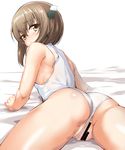  ass bar_censor blush brown_eyes brown_hair censored headband headgear highres ipuu_(el-ane_koubou) kantai_collection looking_back lying on_stomach panties pussy short_hair sleeveless solo taihou_(kantai_collection) underwear white_background white_panties 