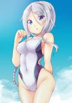 asake_ameji blue_eyes braid breasts chestnut_mouth competition_swimsuit kantai_collection long_hair medium_breasts one-piece_swimsuit silver_hair single_braid solo standing swimsuit umikaze_(kantai_collection) very_long_hair white_swimsuit 