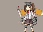  adrian_ferrer brown_background brown_eyes brown_hair eyebrows_visible_through_hair kantai_collection long_sleeves looking_at_viewer machinery magatama miniskirt onmyouji pleated_skirt ryuujou_(kantai_collection) scroll skirt smile solo suspender_skirt suspenders twintails visor_cap 