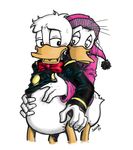  anthro avian beak belly_rub bird blush bottomless clothed clothing cousins disney donald_duck duck embrace feathers fethry_duck half-closed_eyes male male/male open_mouth salemaru simple_background smile sweat sweatdrop tongue white_background white_feathers 