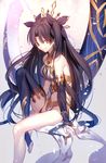  arm_support armlet bangs bare_shoulders barefoot black_gloves black_hair black_legwear black_ribbon blurry breasts bridal_gauntlets closed_mouth crown depth_of_field earrings fate/grand_order fate_(series) from_side gloves gradient gradient_background hair_intakes hair_ribbon heavenly_boat_maanna highres hoop_earrings ishtar_(fate/grand_order) jewelry knee_up long_hair long_legs looking_at_viewer medium_breasts navel necklace petals red_eyes ribbon shinooji smile solo stomach toeless_legwear two_side_up very_long_hair 