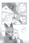  2016 anthro black_and_white bulletproof_vest canine clothed clothing comic dialogue disney duo english_text female fox hard_translated hi_res hug inumimi_moeta judy_hopps lagomorph male mammal manga monochrome nick_wilde police_uniform rabbit text uniform zootopia 