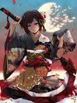  black_hair broken_moon crescent_rose floral_print flower japanese_clothes kimono layered_clothing looking_at_viewer moon multicolored_hair obi petals red_hair rose rose_petals rose_print ruby_rose rwby sash scythe short_hair silver_eyes smile solo sumiwow weapon 