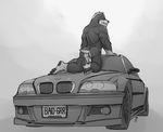  2015 anthro backsack badger balls bauson black_fur bmw butt car claws fangs fur greyscale hi_res kneeling looking_at_viewer looking_back male mammal monochrome multicolored_fur muscular muscular_male mustelid nude rear_view rrowdybeast simple_background smile solo toe_claws two_tone_fur vehicle white_fur 