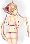  1girl ass bare_shoulders bikini blonde_hair blush breasts dimples_of_venus from_behind green_eyes hair_ornament long_hair looking_back luna_(shadowverse) makina open_mouth parted_lips shadowverse shiny shiny_hair shiny_skin sideboob smile solo thong thong_bikini twintails very_long_hair 
