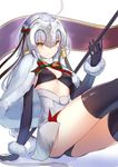  ahoge bell black_gloves black_legwear breasts capelet eyebrows eyebrows_visible_through_hair fate/grand_order fate_(series) gloves haruato highres jeanne_d'arc_(fate)_(all) jeanne_d'arc_alter_santa_lily long_hair looking_at_viewer medium_breasts silver_hair simple_background sitting solo thighhighs weapon white_background white_capelet yellow_eyes 