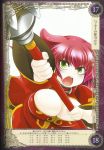  1girl aoi_nagisa_(metalder) blush boots breasts character_request green_eyes huge_breasts open_mouth queen&#039;s_blade queen&#039;s_blade_grimoire red_hair scan serious shiny shiny_clothes simple_background smile solo staff weapon white_background 
