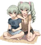  1girl alternate_costume anchovy anzio_(emblem) bad_id bad_pixiv_id barefoot bike_shorts brother_and_sister casual clothes_writing controller copyright_name drill_hair dualshock emblem fang game_console game_controller gamepad girls_und_panzer green_hair hair_ornament hair_scrunchie indian_style long_hair onsen_man open_mouth original playstation_4 playstation_controller red_eyes scrunchie shirt short_hair shorts siblings sitting t-shirt twin_drills twintails twitter_username world_of_tanks 