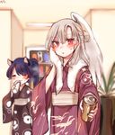  =v= animal_ears beer_can blue_hair can cup doremy_sweet drinking highres japanese_clothes kimono kishin_sagume multiple_girls red_eyes shan silver_hair tapir_ears touhou towel wings 