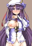  bangs blush breast_hold breasts clothes_lift crescent crescent_hair_ornament eruichi_(redphantom) expressionless hair_ornament hat highres inverted_nipples large_breasts lifted_by_self long_hair looking_at_viewer mob_cap navel nipples one_breast_out out-of-frame_censoring patchouli_knowledge purple_eyes purple_hair shiny shiny_hair sleeveless solo touhou very_long_hair 