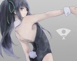  ass bare_shoulders black_hair blue_eyes bunnysuit crossdressing drifters fan long_hair looking_at_viewer male_focus nasu_no_yoichi otoko_no_ko ponytail ribbon samio smile solo 