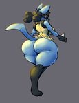  2016 anthro big_breasts big_butt black_hair breasts butt canine eyewear freckles glasses grey_background hair huge_butt jiggle looking_back lucario mammal moth_(artist) nerdcario nintendo nude pok&eacute;mon pok&eacute;morph red_eyes simple_background solo standing thick_thighs video_games wide_hips 