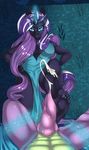  2016 anthro artsenravenbrave barefoot blue_eyes clothed clothing cum duo equine eyeshadow faceless_male feet female foot_fetish footjob glowing hair hi_res horn humanoid_feet inside long_hair looking_at_viewer magic makeup male male/female mammal multicolored_hair my_little_pony nightmare_rarity_(idw) nude penis scalie spread_legs spreading unicorn vein 