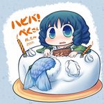  2016 birthday_cake blue_eyes blue_hair cake candle chibi commentary dated drill_hair fish_cake food happy_birthday inunoko. japanese_clothes kimono mermaid monster_girl solo touhou translated wakasagihime 