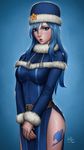  2016 artstation_sample belt blue_background blue_eyes blue_hair breasts fairy_tail fur_hat fur_trim hands_together hat highres image_sample juvia_lockser large_breasts looking_at_viewer parted_lips sciamano240 side_slit simple_background solo tattoo 