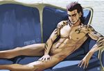  1boy bara couch facial_hair final_fantasy final_fantasy_xv gladiolus_amicitia looking_away lying male_focus muscle nude scar solo tattoo 