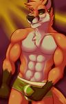  2016 abs abstract_background anthro biceps boxers_(clothing) brown_fur brown_markings brown_nose bulge canine chest_tuft clothed clothing countershading digital_media_(artwork) ear_piercing eyebrows facial_markings facial_piercing fcsimba fox front_view fur gloves_(marking) grope half-closed_eyes hi_res lip_piercing looking_at_viewer male mammal markings mrfoxees multicolored_fur muscular muscular_male orange_fur orange_tail pecs piercing pinup portrait pose solo standing three-quarter_portrait topless tuft underwear white_countershading white_fur yellow_eyes 