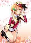  black_footwear boots clover_hair_ornament earrings four-leaf_clover_hair_ornament hair_ornament highres hoshizora_rin jewelry looking_at_viewer love_live! love_live!_school_idol_project matatabi_(2ccp) orange_hair short_hair smile solo v yellow_eyes 
