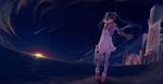  bag boots breath dress hatsune_miku highres legs long_hair night scarf scenery shooting_star silverwing solo striped sunset thighhighs twintails vocaloid zettai_ryouiki 