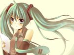  amane_kurumi aqua_eyes aqua_hair detached_sleeves hatsune_miku long_hair necktie paper simple_background smile solo twintails vocaloid 