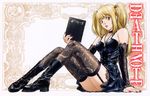  amane_misa bangs black_footwear black_legwear blonde_hair boots choker death_note death_note_(object) detached_sleeves fingernails garter_straps gothic highres legs lipstick long_hair makeup nail_polish non-web_source official_art orange_eyes red_nails scan sitting solo thighhighs two_side_up 