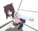  animal_ears black_eyes black_hair cat_ears closed_mouth copyright_request duplicate earbuds earphones expressionless houmitsu long_sleeves short_hair skirt solo squatting 