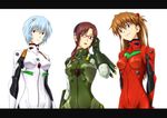  ayanami_rei blue_eyes blue_hair bodysuit brown_hair chikuyama evangelion:_2.0_you_can_(not)_advance glasses green_bodysuit makinami_mari_illustrious multiple_girls neon_genesis_evangelion open_mouth plugsuit rebuild_of_evangelion red_eyes shikinami_asuka_langley smile souryuu_asuka_langley two_side_up white_bodysuit 