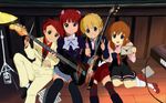  3girls beatrice blonde_hair blue_eyes brown_hair formal guitar hair_bobbles hair_ornament highres instrument k-on! letter multiple_girls parody red_hair suit umineko_no_naku_koro_ni ushiromiya_ange ushiromiya_battler ushiromiya_maria v 