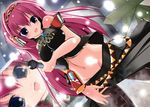  bare_shoulders breast_lift breasts detached_sleeves groin hair_ornament jewelry kiki_(koikuchikinako) large_breasts long_hair megurine_luka microphone midriff navel no_panties open_mouth pink_hair road_sign sign snowflakes snowing solo vocaloid zoom_layer 