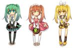  bad_id bad_pixiv_id bison_cangshu blonde_hair blush brown_hair green_eyes green_hair hair_ribbon hatsune_miku highres kagamine_rin long_hair multiple_girls ribbon shorts skirt standing thighhighs twintails vocaloid waitress yellow_eyes 