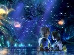  blonde_hair brown_hair crying final_fantasy final_fantasy_x night short_hair sky tidus water yuna 