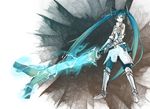  aqua_eyes aqua_hair armor bad_id bad_pixiv_id chanchan electricity gauntlets greaves hatsune_miku highres long_hair looking_at_viewer monster_hunter parody solo spring_onion sword themed_object twintails very_long_hair vocaloid weapon 