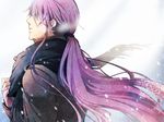  androgynous black_scarf closed_eyes closed_mouth eyelashes from_side genmai kamui_gakupo long_hair long_ponytail male_focus outdoors ponytail profile purple_hair scarf snow snowing solo upper_body very_long_hair vocaloid wind wind_lift winter winter_clothes 