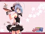  antenna_hair argyle argyle_background blue_hair blush cherry_girls coffee cup highres kasukabe_akira male_focus open_mouth otoko_no_ko otoko_no_ko_wa_meido_fuku_ga_osuki!? red_eyes short_hair solo tray wallpaper yuki_(otosuki) 