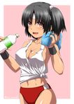  alternate_breast_size armpits artist_name bare_shoulders black_hair border bottle breasts buruma cleavage cowboy_shot eyebrows eyebrows_visible_through_hair groin highres holding holding_bottle kantai_collection kuromayu large_breasts looking_at_viewer midriff nagara_(kantai_collection) navel one_side_up pink_background red_buruma red_eyes shiny shiny_skin shirt short_hair short_ponytail sideboob simple_background sleeveless solo sweat sweatband tan tank_top tied_shirt toned towel towel_around_neck twitter_username two-tone_background white_border white_shirt wristband 