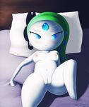  anthro bed bed_sheet bedding blush breasts female legendary_pok&eacute;mon looking_at_viewer lying meloetta navel nintendo nude on_back pok&eacute;mon pussy sirredbenjamin solo video_games 