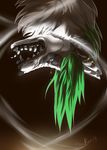  2014 brown_background feral fur green_hair grey_nose hair hauringu open_mouth pale_eyes simple_background solo tears teeth tongue white_fur 