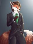  2018 5_fingers anthro brown_hair canine clothed clothing digital_media_(artwork) facial_hair fox fur hair hi_res male mammal orange_fur p-v-s simple_background solo standing 