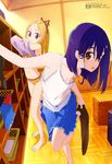  :/ absurdres arm_support bangs_pinned_back barefoot basket blonde_hair blue_hair blue_skirt bow bow_panties bra brown_legwear camisole changing_room copyright_name eyebrows flip_flappers forehead hair_over_eyes hair_ribbon highres indoors kojima_takashi kokomine_cocona laundry_basket looking_at_viewer multicolored_hair multiple_girls no_bra official_art onsen open_mouth orange_eyes panties perspective pink_hair pleated_skirt purple_eyes purple_hair ribbon see-through shelf shirt_lift skirt skirt_pull source_request standing standing_on_one_leg strap_gap streaked_hair striped striped_bra striped_panties thighhighs thighhighs_pull unbuttoned underwear undressing wainscoting watermark white_panties yayaka 