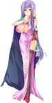  absurdres black_legwear blue_eyes blush breasts cape china_dress chinese_clothes cleavage cleavage_cutout dress feathers full_body hair_ornament high_heels highres koihime_musou kouchuu large_breasts long_hair mature purple_hair side_slit smile solo standing transparent_background yatsuha_kanan 