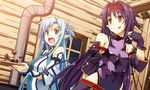  :p asuna_(sao) asuna_(sao-alo) black_gloves blue_eyes blue_hair candy chocolate covered_navel detached_sleeves fingerless_gloves food gloves hairband highres looking_at_another multiple_girls open_mouth pointy_ears purple_hair red_eyes revision shikei sword_art_online tongue tongue_out window yuuki_(sao) 