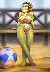  2016 anthro ball barefoot beach beach_ball big_breasts breasts brown_hair clothed clothing dreadlocks english_text female galaxxxart green_skin hair half-closed_eyes long_hair looking_at_viewer navel reptile sand scalie seaside skimpy solo text wide_hips wood yellow_eyes 