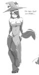  akunim anthro black_fur breasts cleavage clothed clothing fur hair hair_over_eye hat latchkey_kingdom monochrome simple_background slit_dress spots spotted_fur svana_blackheart text white_background witch_hat yuman zull 